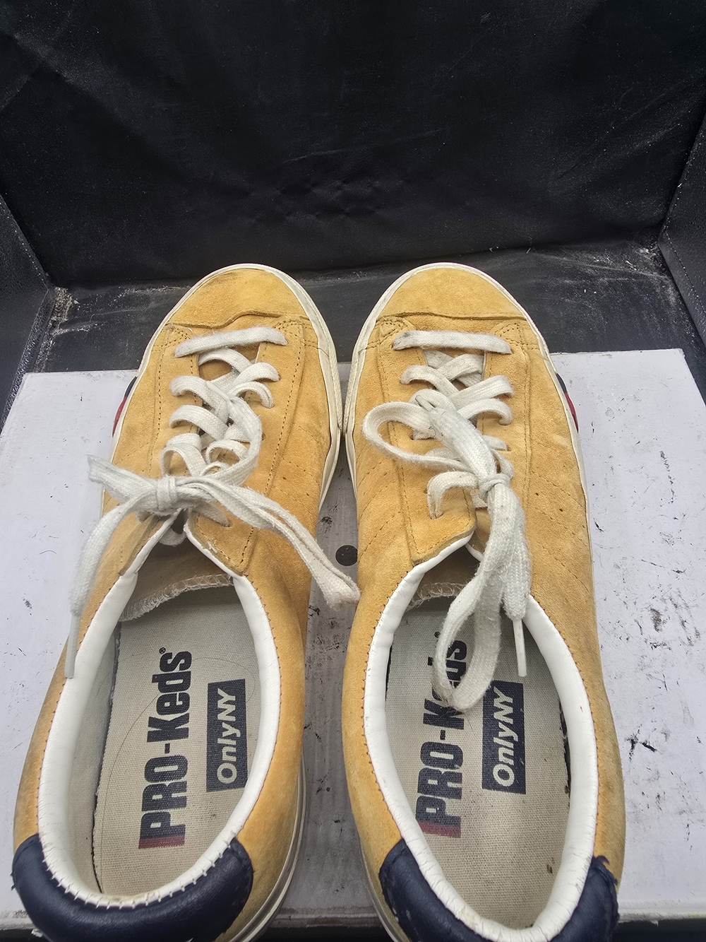 Men’s Mustard Suede Low-Top Sneakers with Navy Heel
